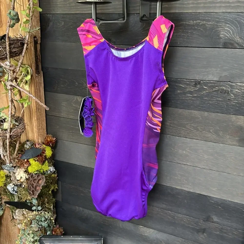 GK ELITE NWT Gymnastics Leotard ROYAL JESTER Show Stopper Purple Orange Child L